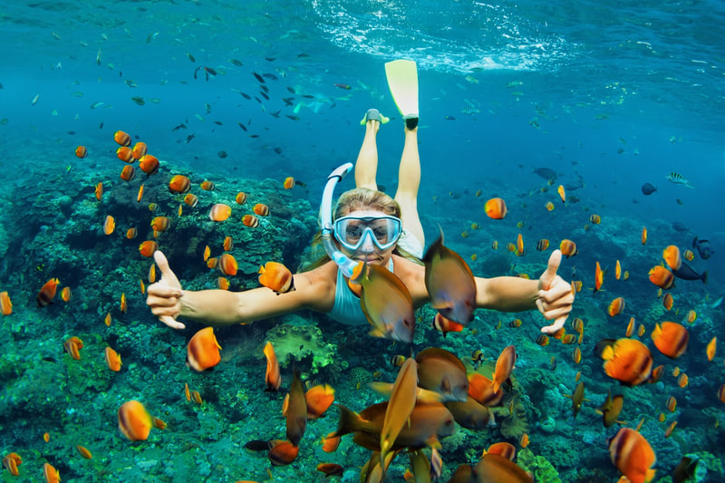 woman snorkeling with orange fish